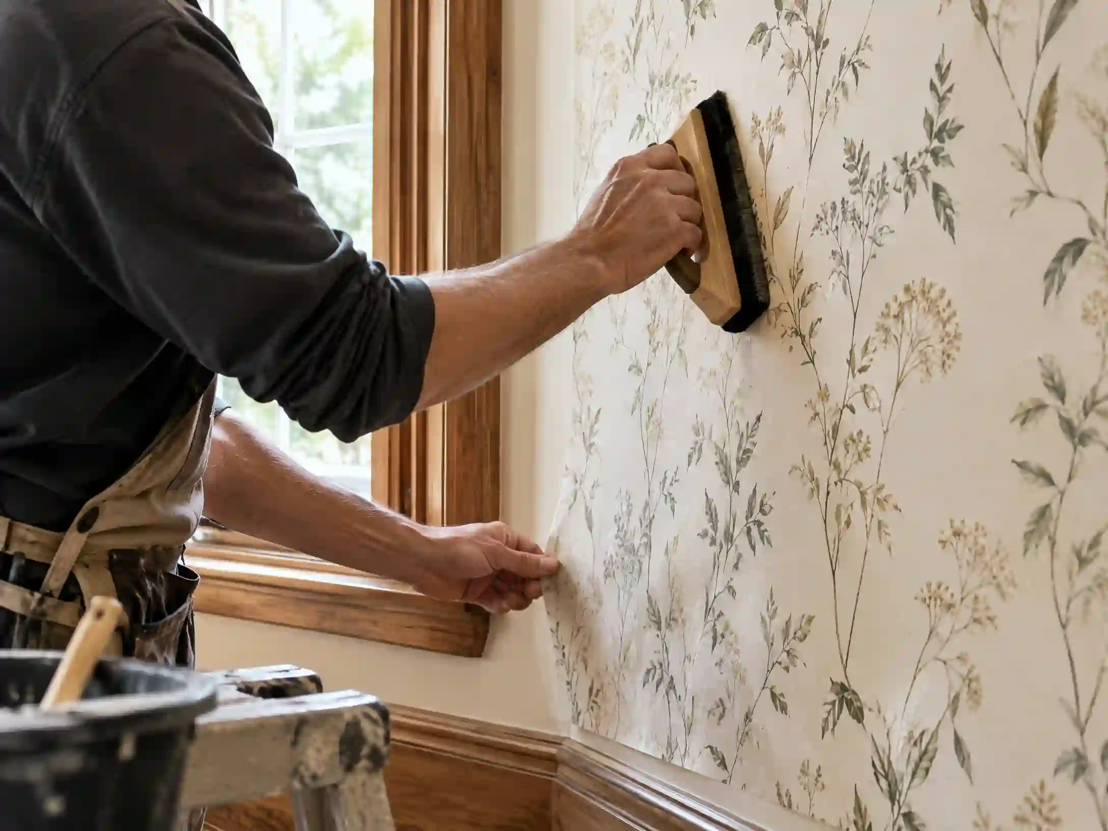 Professional wallpaper installer working on a community interior installation